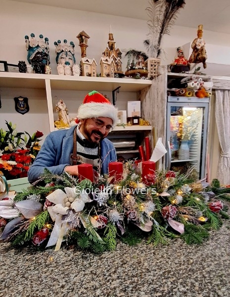 Composizione natalizia grande tre candele rosso/bianco
