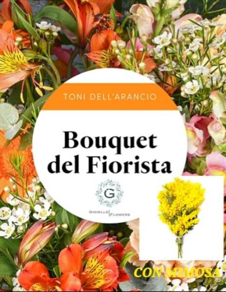 Bouquet del fiorista con mimosa sui toni dell&acute;arancio
